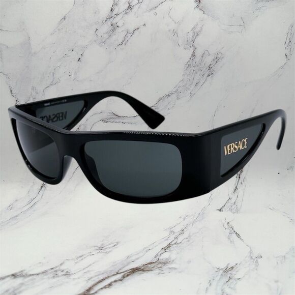 VERSACE Sunglasses New Black Square Wrap Shield Mask Acetate Gold Letter Logo - Picture 11 of 12
